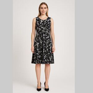 Norma Kamali Sleeveless Fit & Flare Dress Black Gray Abstract Print Pockets,‎ L